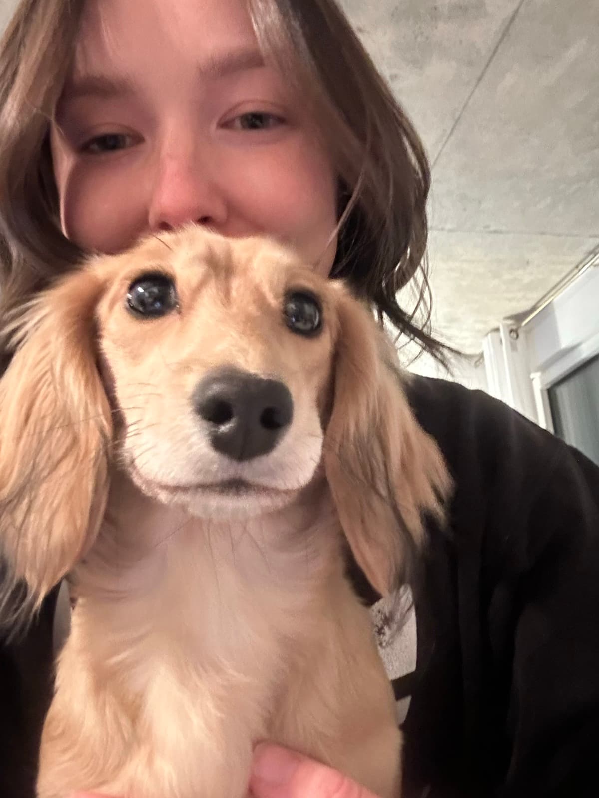 Liandra holding up a fluffy cream-coloured puppy with long ears for a selfie